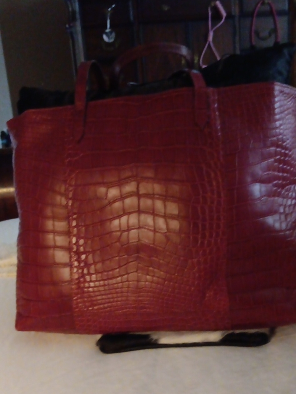 Carlos Falchi Red Real Crocodile/Leather Handles Tote
